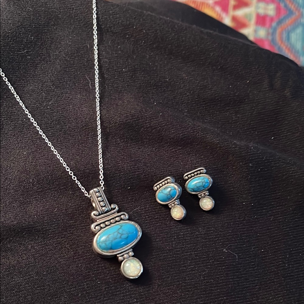 Silver and Blue Turquoise Pendant Necklace and Earring Set with magnetic clasp